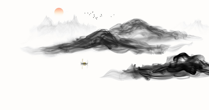 手绘抽象烟雾写意水墨山水画