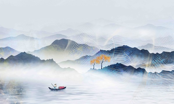 水彩山水電視背景墻