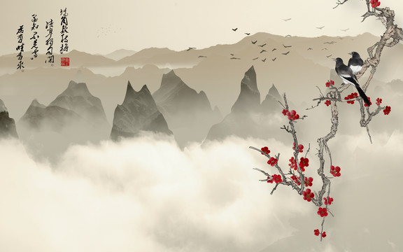 花鳥水墨山水中式裝飾畫國風插畫