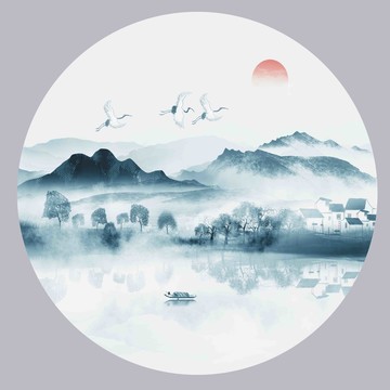 中式圓形水墨山