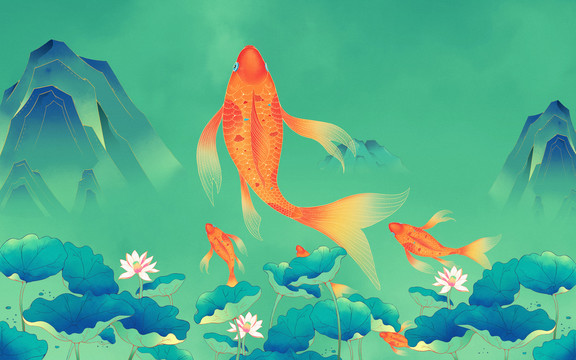 國潮風錦鯉躍出蓮花夏季插畫背景