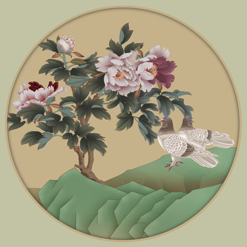 富貴和平圓形工筆畫牡丹鴿子