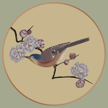 工筆花鳥圓形梅枝小品