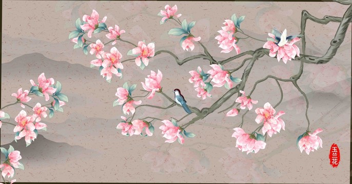 玉蘭花水墨山水畫