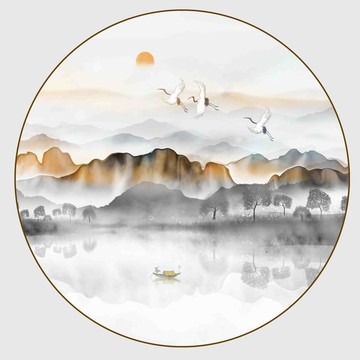 圓形水墨山水