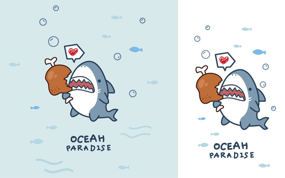 原创手绘卡通鲨鱼肉肉海洋