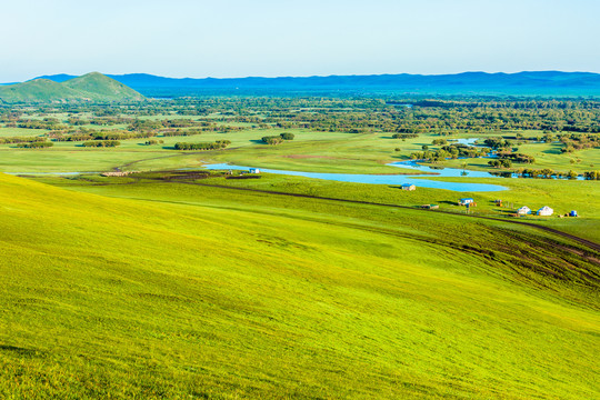 草原湿地河流蒙古包清晨