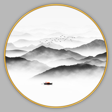 圓形水墨山水畫
