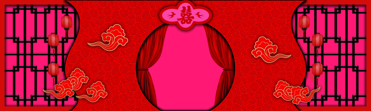 中式红色手绘婚礼主背景拱门