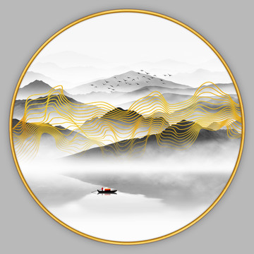金色線條山水畫