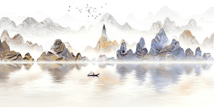 手绘中国风金色鎏金山水画