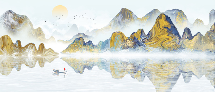 手繪中國風(fēng)意境金色抽象山水風(fēng)景