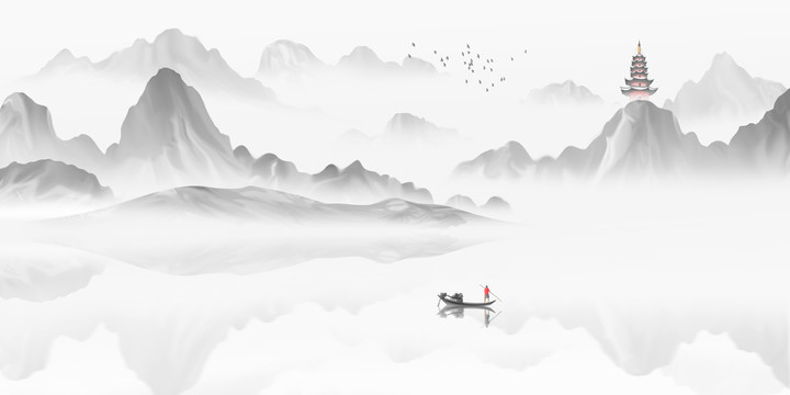 手繪中國風(fēng)意境山水風(fēng)景畫