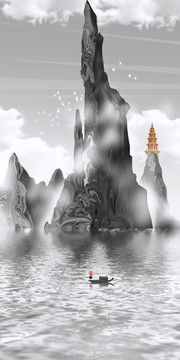 手绘中国风意境山水风景画