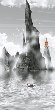 手繪中國(guó)風(fēng)意境山水風(fēng)景畫
