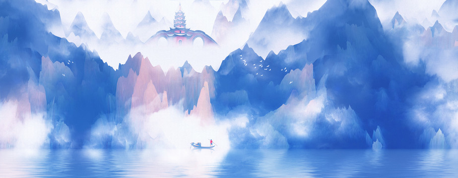 手绘中国风意境蓝色山水风景画