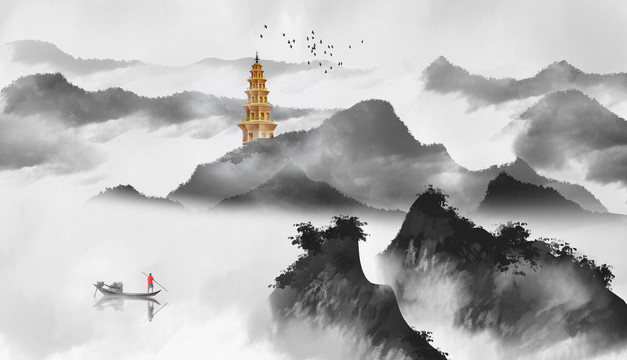 手绘中国风意境抽象山水风景画