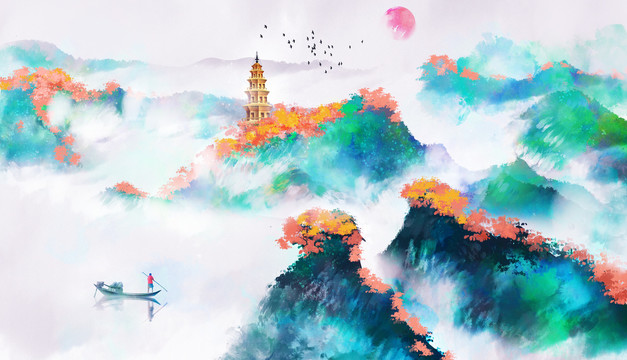 手繪中國(guó)風(fēng)意境藍(lán)色山水風(fēng)景畫(huà)