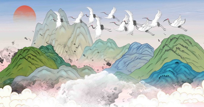 國潮山水包裝插畫