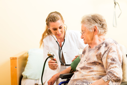 年轻护士和女老年人在养老院，要测量血压