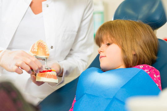 外科牙医拿着假牙，用牙刷向一个儿童患者解释