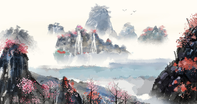 手绘中国风意境水墨背景画