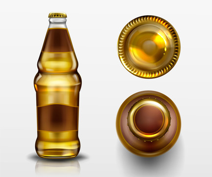 装黄色啤酒的3d写实玻璃瓶正视图与俯视图