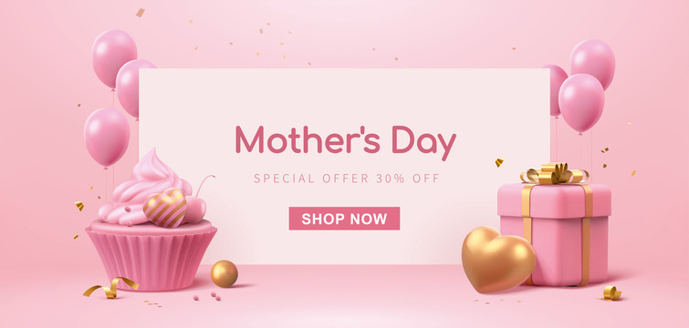 母亲节网购横幅 粉色礼物及杯子蛋糕素材