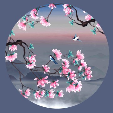 玉蘭花圓形花鳥畫