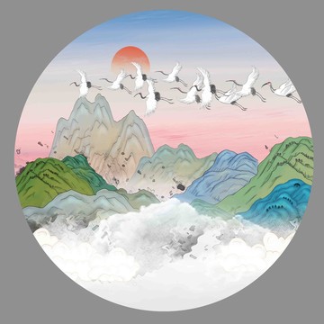 國潮圓形山水插畫