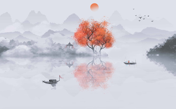 手繪中國風(fēng)意境山水風(fēng)景畫