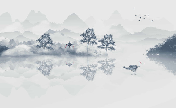 手繪中國風(fēng)意境山水風(fēng)景畫