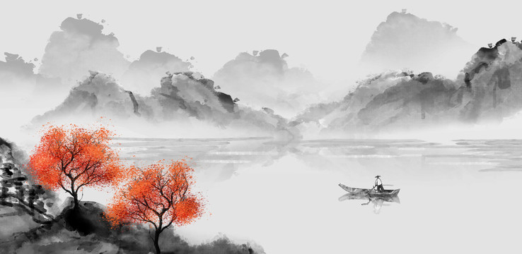 手繪中國風(fēng)意境山水風(fēng)景畫
