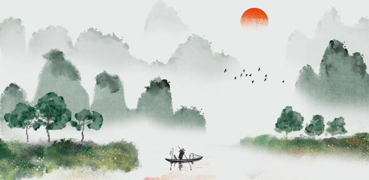 手繪中國風(fēng)綠色意境山水風(fēng)景畫