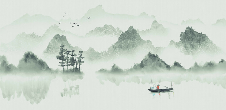 手绘中国风绿色意境山水风景画