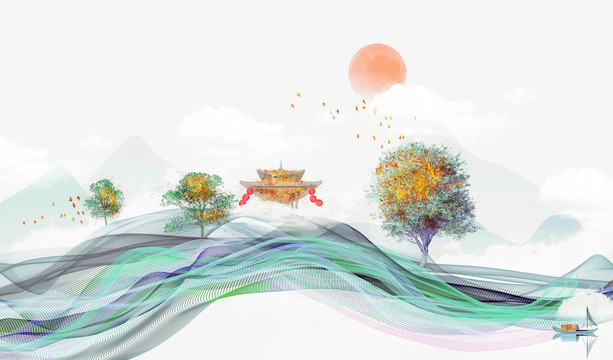 新中式抽象飄帶線條背景藝術(shù)