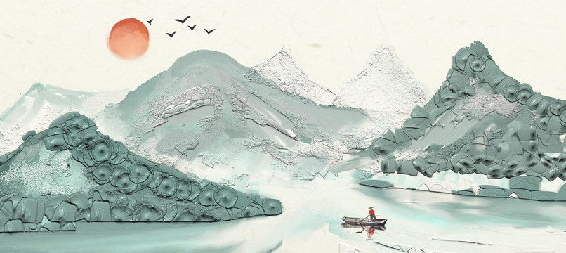 手繪中國(guó)風(fēng)藍(lán)色意境山水風(fēng)景畫