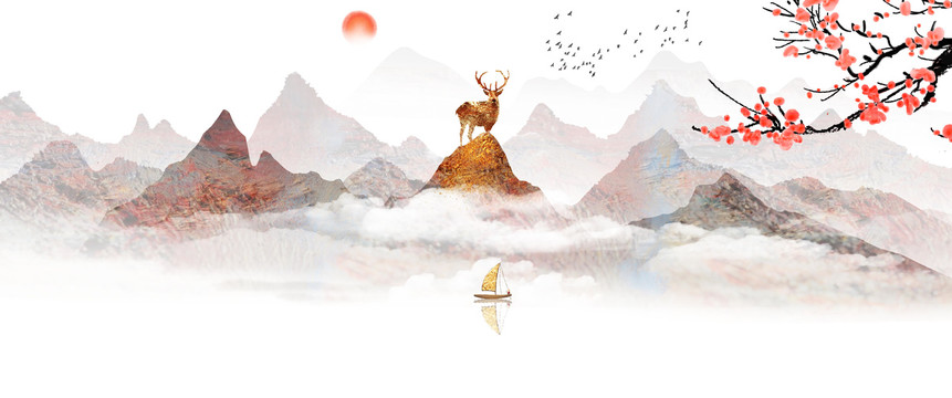 中国风金色麋鹿山水插画