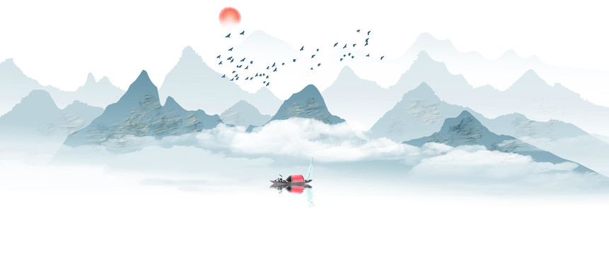 中國風(fēng)藍(lán)色意境山水畫