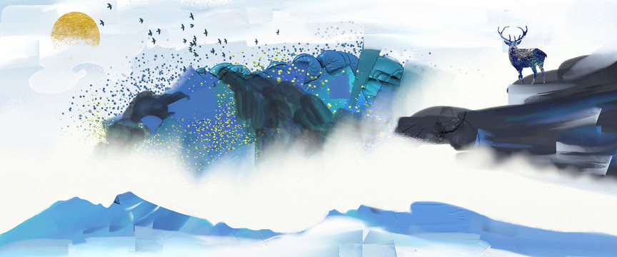 中国风蓝色麋鹿意境山水画