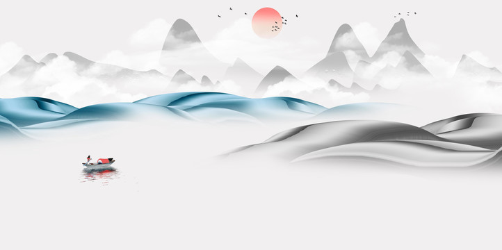 手繪中國(guó)風(fēng)藍(lán)色抽象山水風(fēng)景