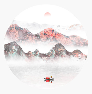 手繪中國風(fēng)意境彩色抽象山水風(fēng)景