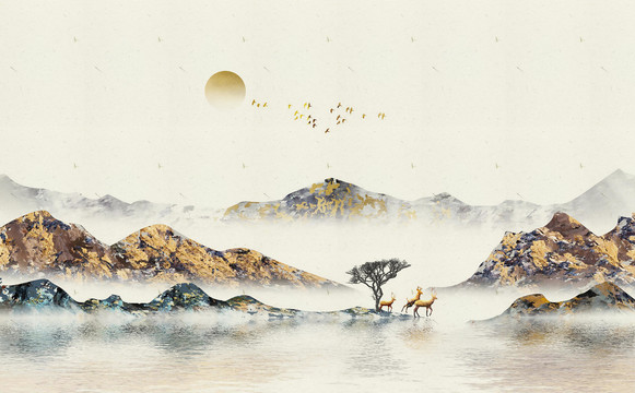 手绘中国风金色意境山水画