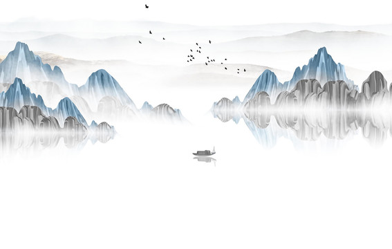 手绘中国风蓝色意境山水画