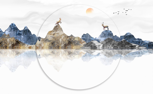 手绘中国风蓝色麋鹿意境山水画