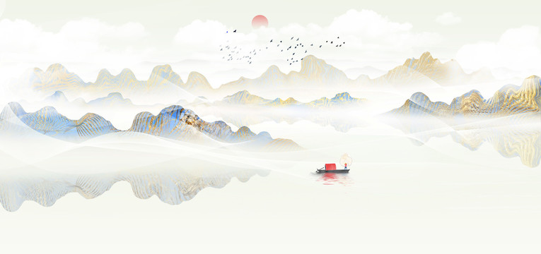 手绘中国风金色淡雅山水画