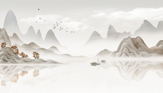 手繪中國(guó)風(fēng)意境層次山水風(fēng)景畫
