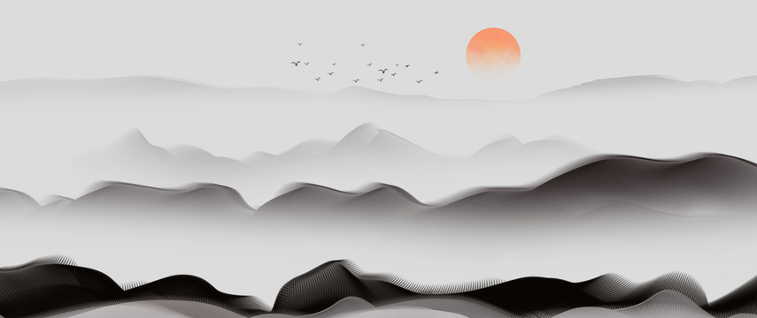 手繪中國(guó)風(fēng)意境山水風(fēng)景畫
