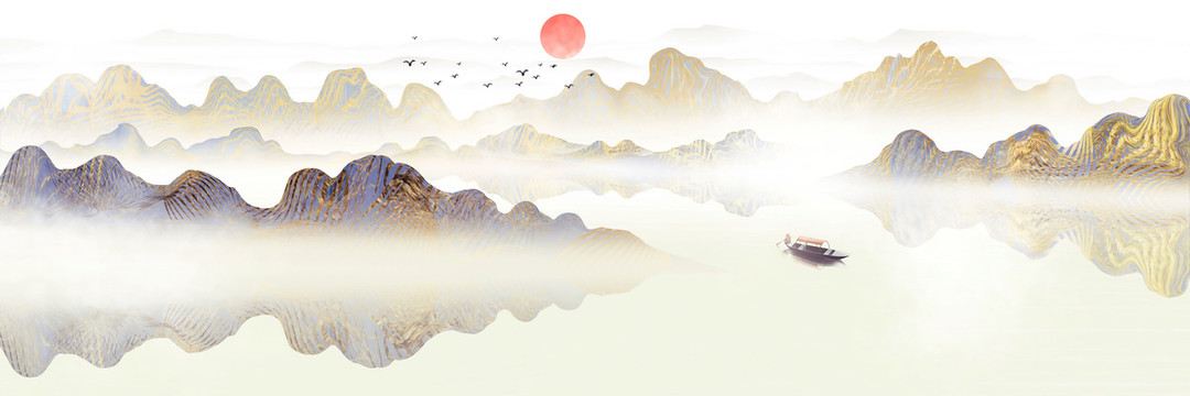 手绘中国风金色山水风景画