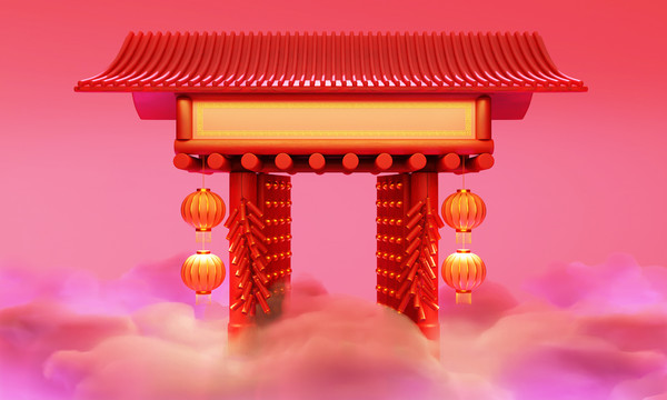 中國(guó)春節(jié)寺廟大門燈籠爆竹背景圖